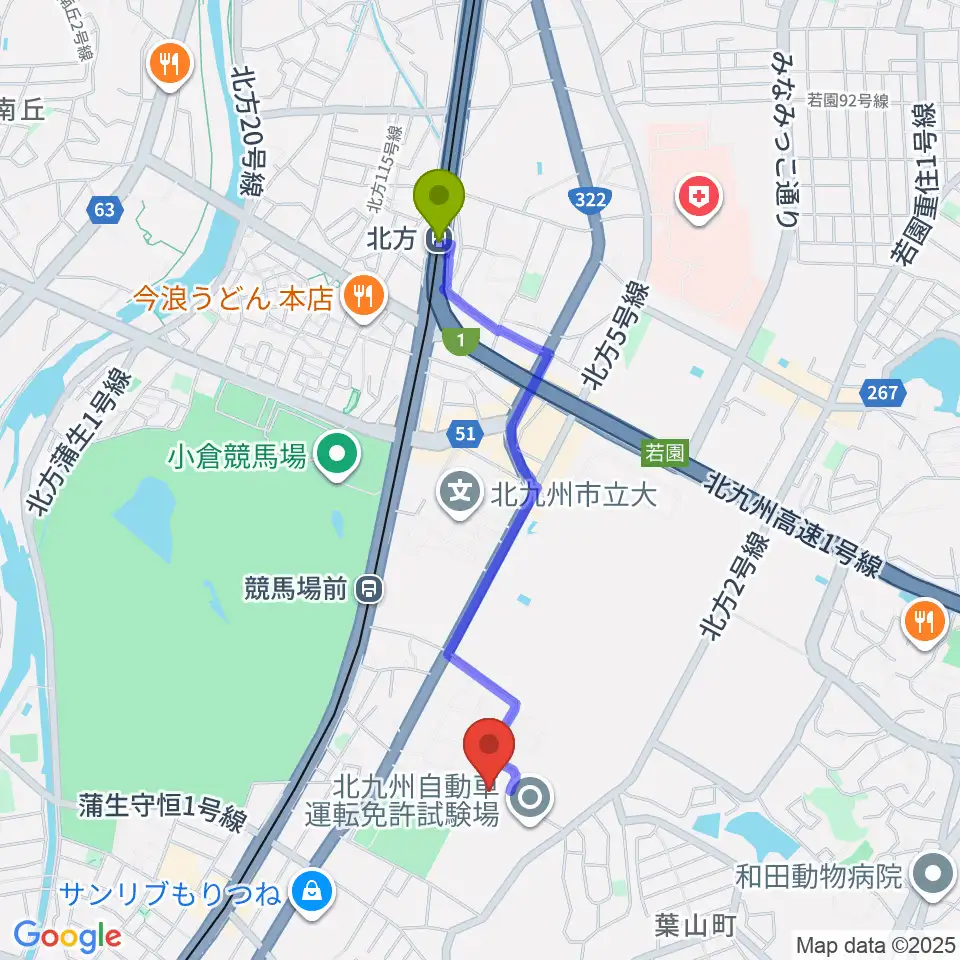 北方駅から大庭産業アリーナ小倉南へのルートマップ地図