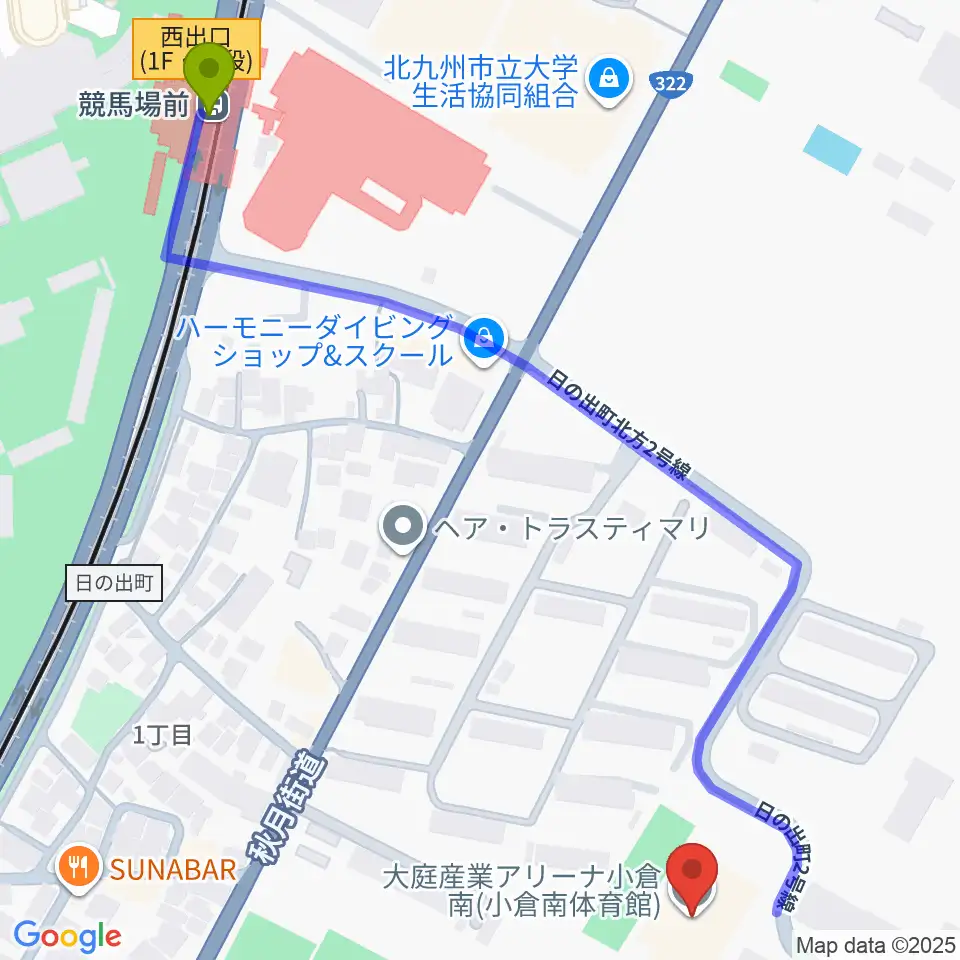 大庭産業アリーナ小倉南の最寄駅競馬場前駅からの徒歩ルート（約8分）地図