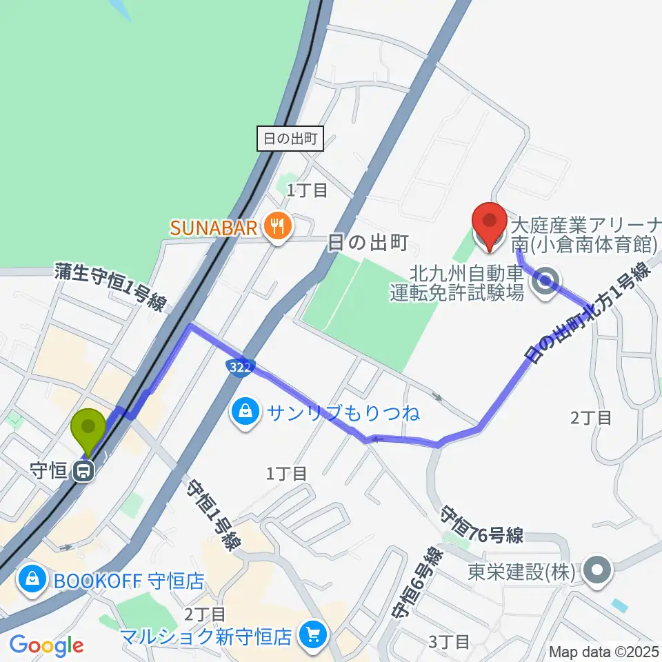 守恒駅から大庭産業アリーナ小倉南へのルートマップ地図