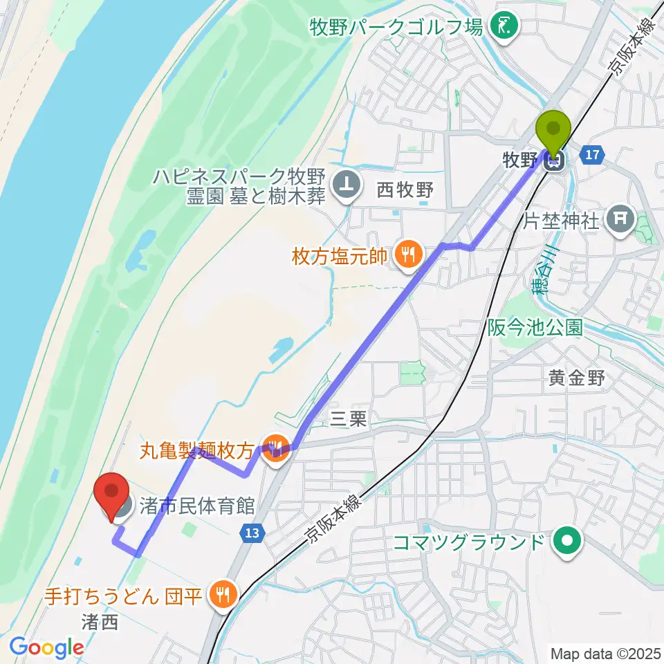 牧野駅から昌栄工務店ひらかた渚体育館へのルートマップ地図