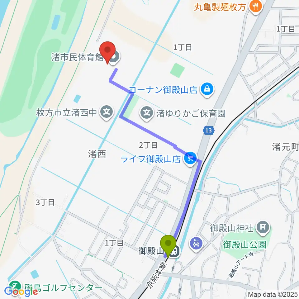 昌栄工務店ひらかた渚体育館の最寄駅御殿山駅からの徒歩ルート（約11分）地図