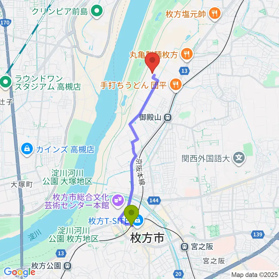 枚方市駅から昌栄工務店ひらかた渚体育館へのルートマップ地図