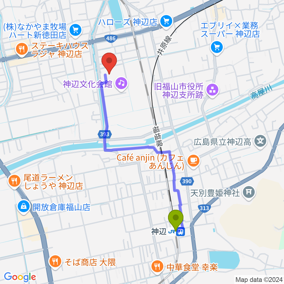 神辺駅からtakao＋ばらの街 アレナ神辺へのルートマップ地図