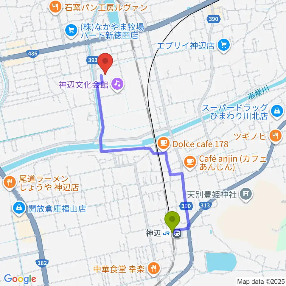 神辺駅からtakao＋ばらの街 アレナ神辺へのルートマップ地図