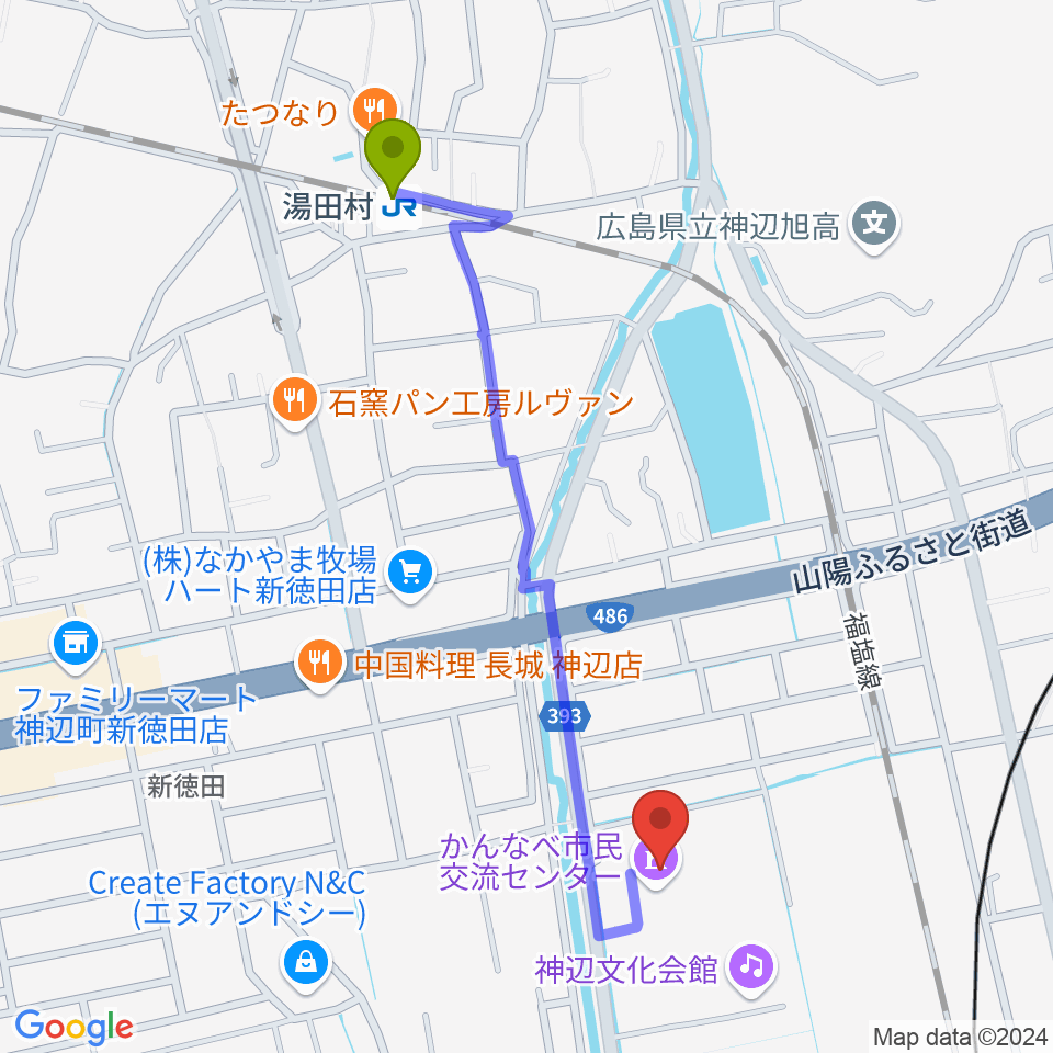 takao＋ばらの街 アレナ神辺の最寄駅湯田村駅からの徒歩ルート（約11分）地図