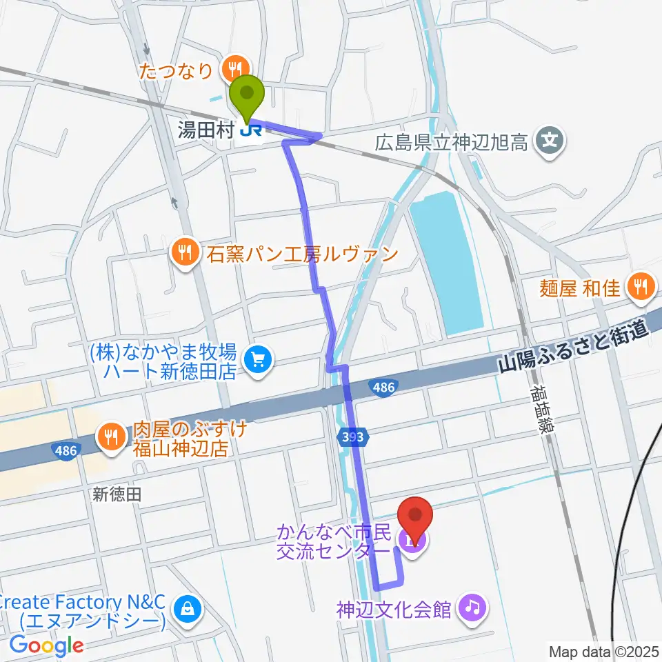 takao＋ばらの街 アレナ神辺の最寄駅湯田村駅からの徒歩ルート（約11分）地図
