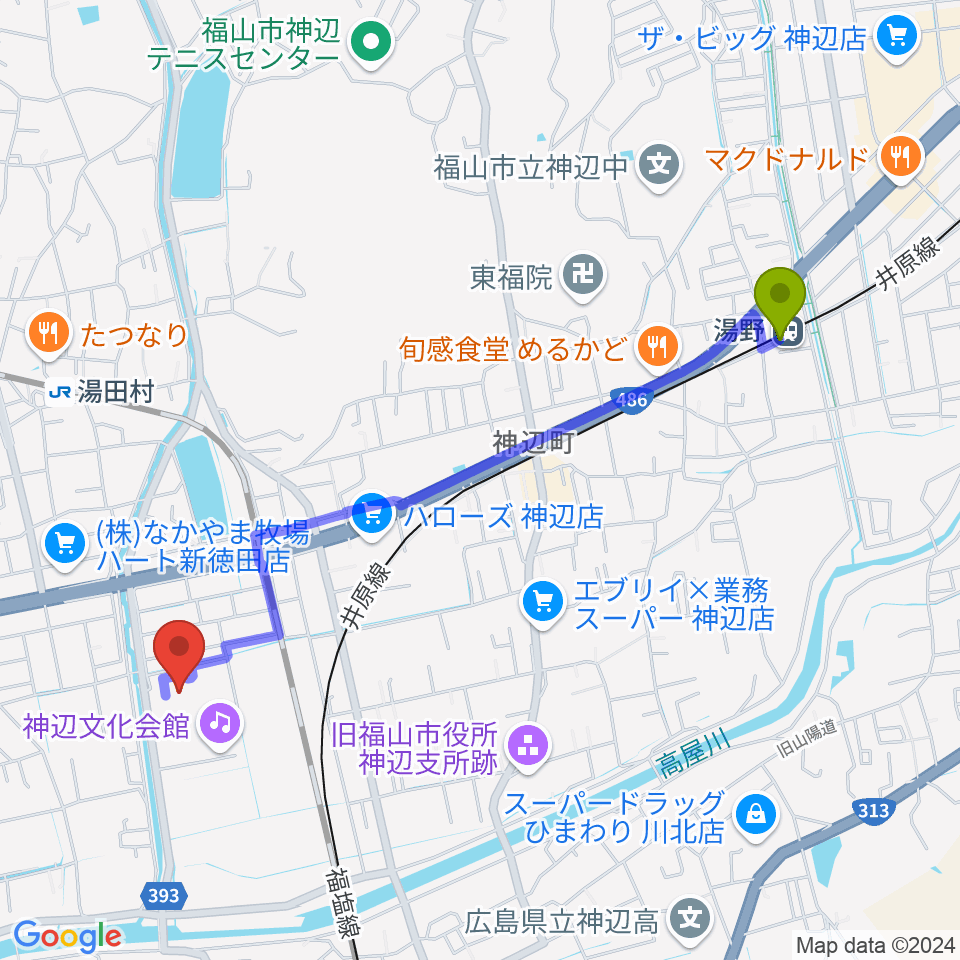 湯野駅からtakao＋ばらの街 アレナ神辺へのルートマップ地図