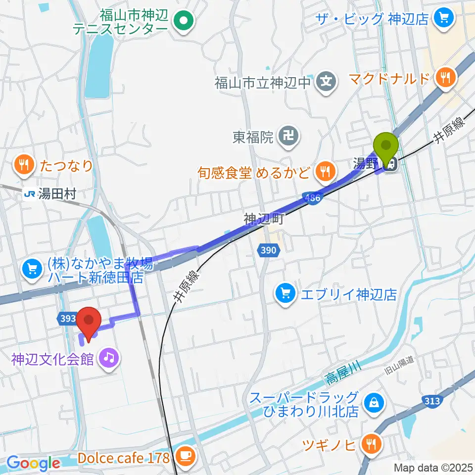 湯野駅からtakao＋ばらの街 アレナ神辺へのルートマップ地図