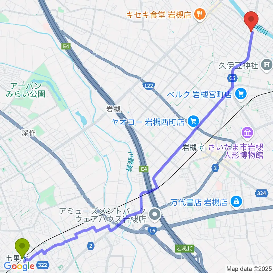 七里駅からミネラルウォーターサウンドスタジオへのルートマップ地図