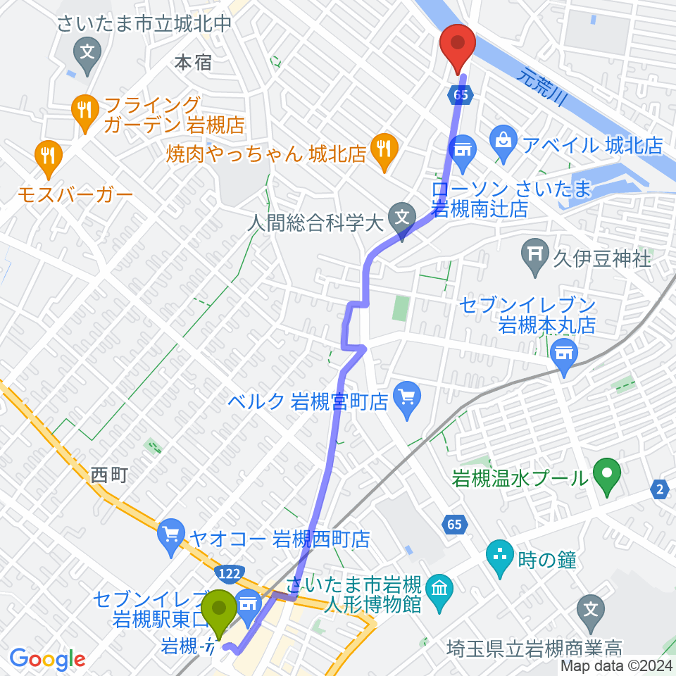 岩槻駅からミネラルウォーターサウンドスタジオへのルートマップ地図