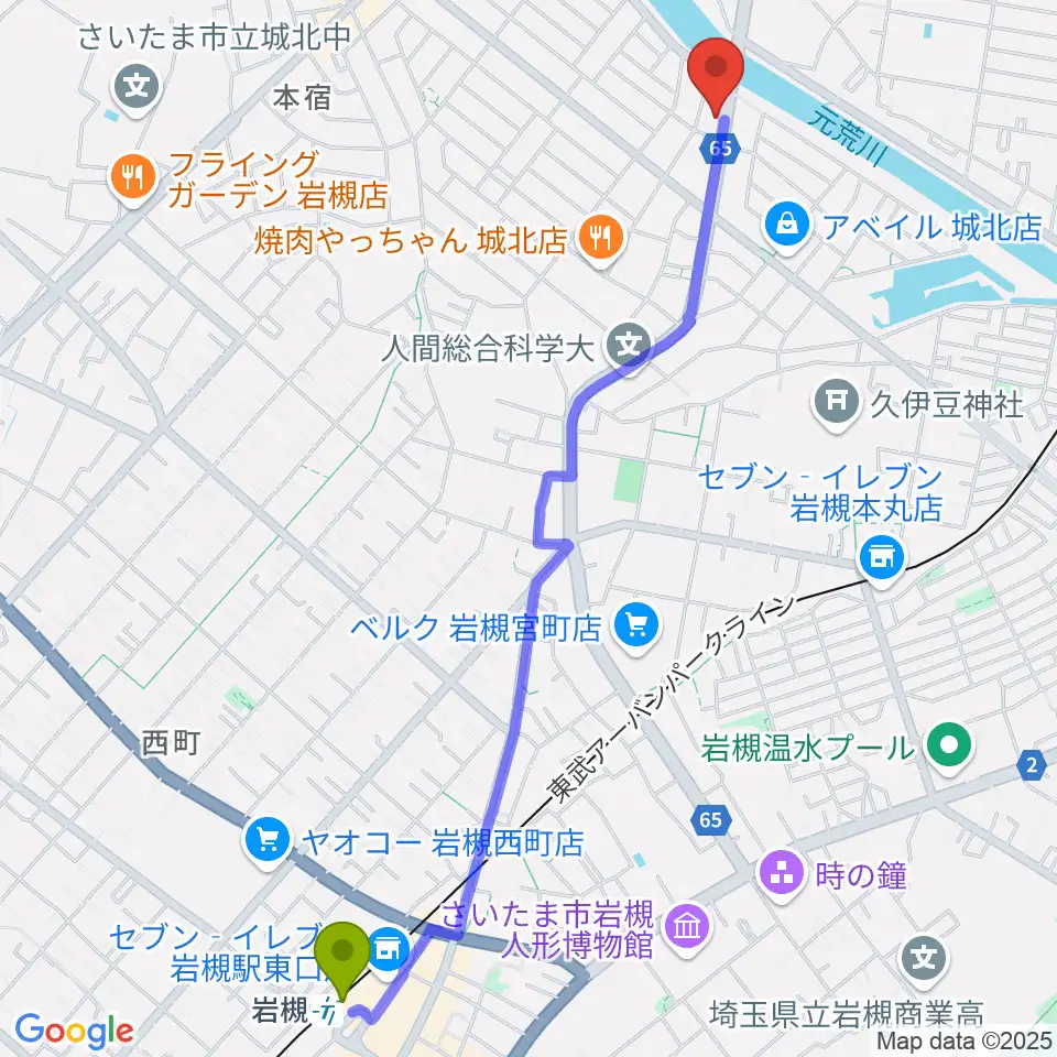 岩槻駅からミネラルウォーターサウンドスタジオへのルートマップ地図