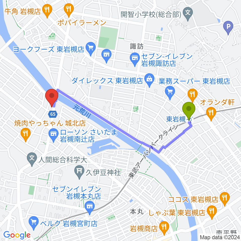 ミネラルウォーターサウンドスタジオの最寄駅東岩槻駅からの徒歩ルート（約18分）地図