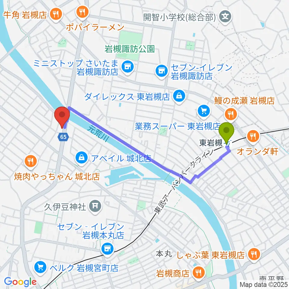 ミネラルウォーターサウンドスタジオの最寄駅東岩槻駅からの徒歩ルート（約18分）地図