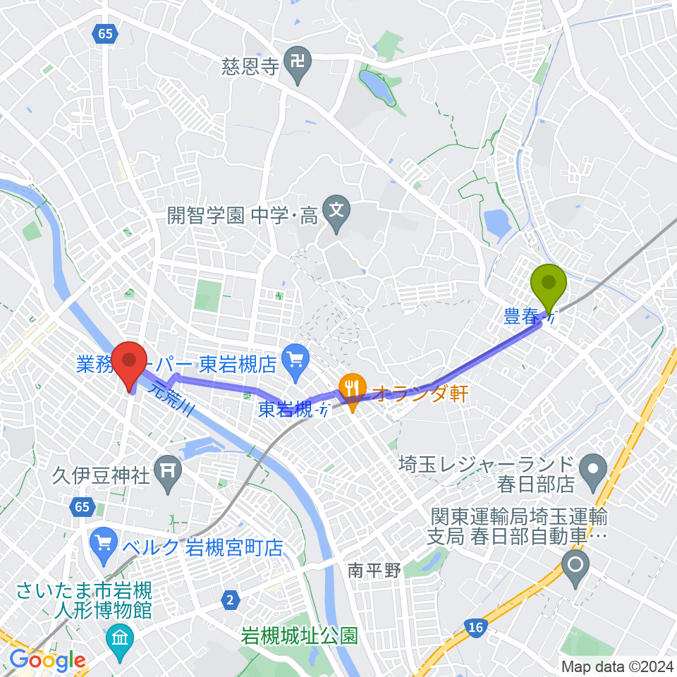 豊春駅からミネラルウォーターサウンドスタジオへのルートマップ地図