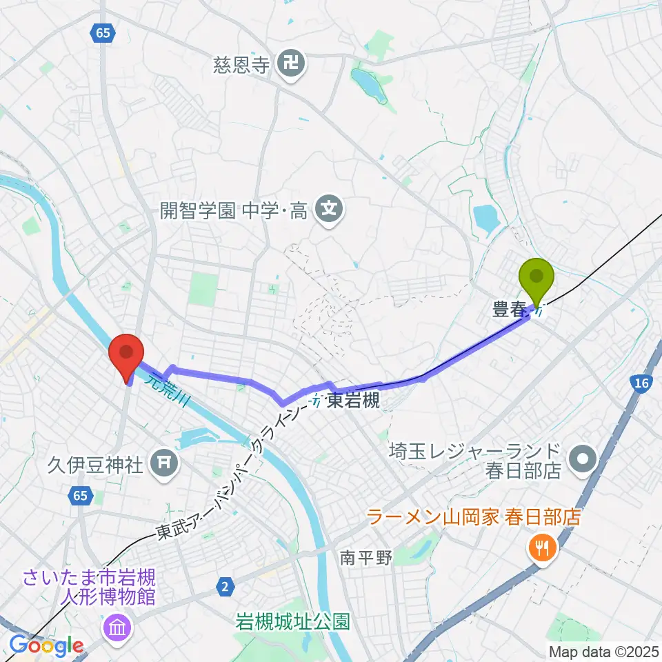 豊春駅からミネラルウォーターサウンドスタジオへのルートマップ地図