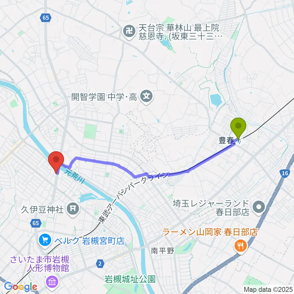 豊春駅からミネラルウォーターサウンドスタジオへのルートマップ地図