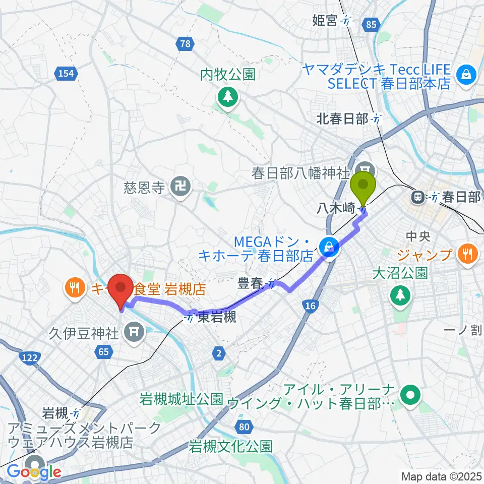八木崎駅からミネラルウォーターサウンドスタジオへのルートマップ地図