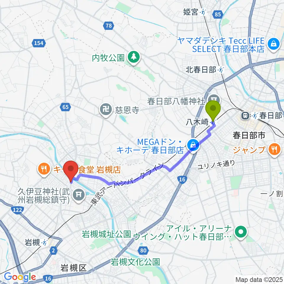 八木崎駅からミネラルウォーターサウンドスタジオへのルートマップ地図