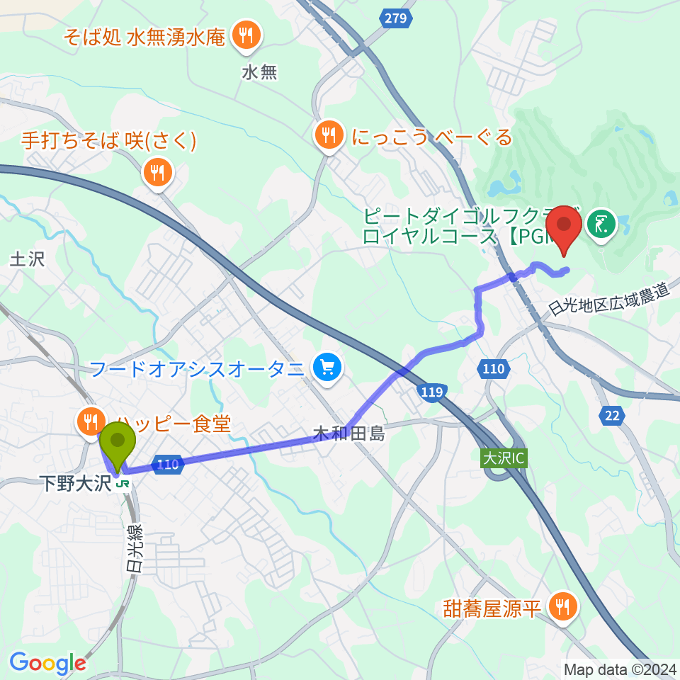 サンコー体育館の最寄駅下野大沢駅からの徒歩ルート（約45分）地図