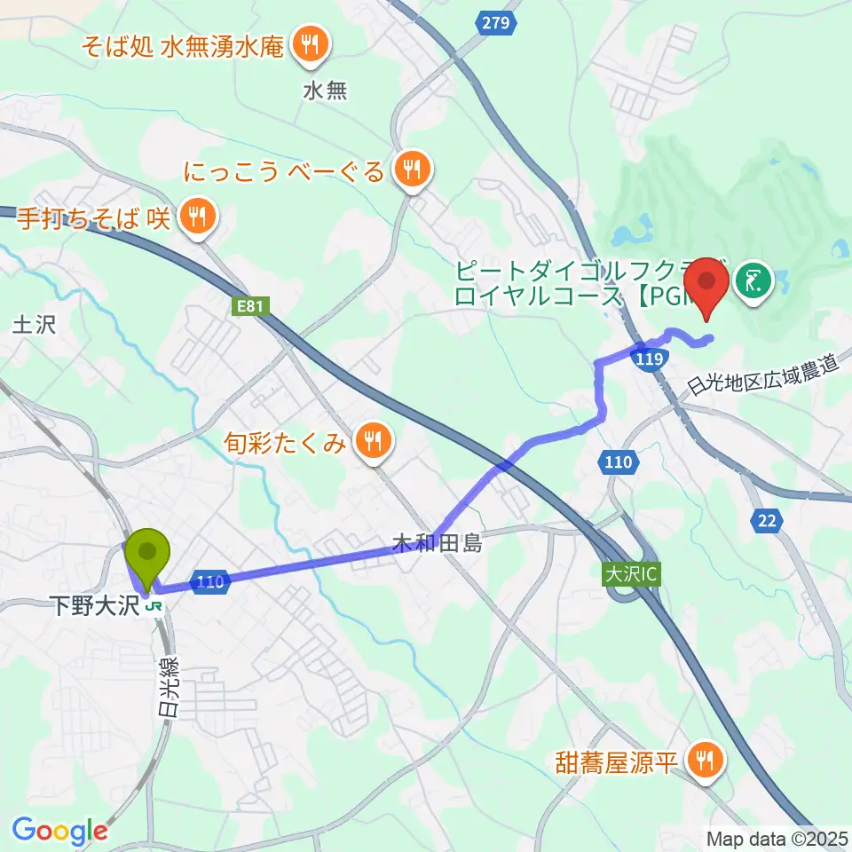 サンコー体育館の最寄駅下野大沢駅からの徒歩ルート（約45分）地図