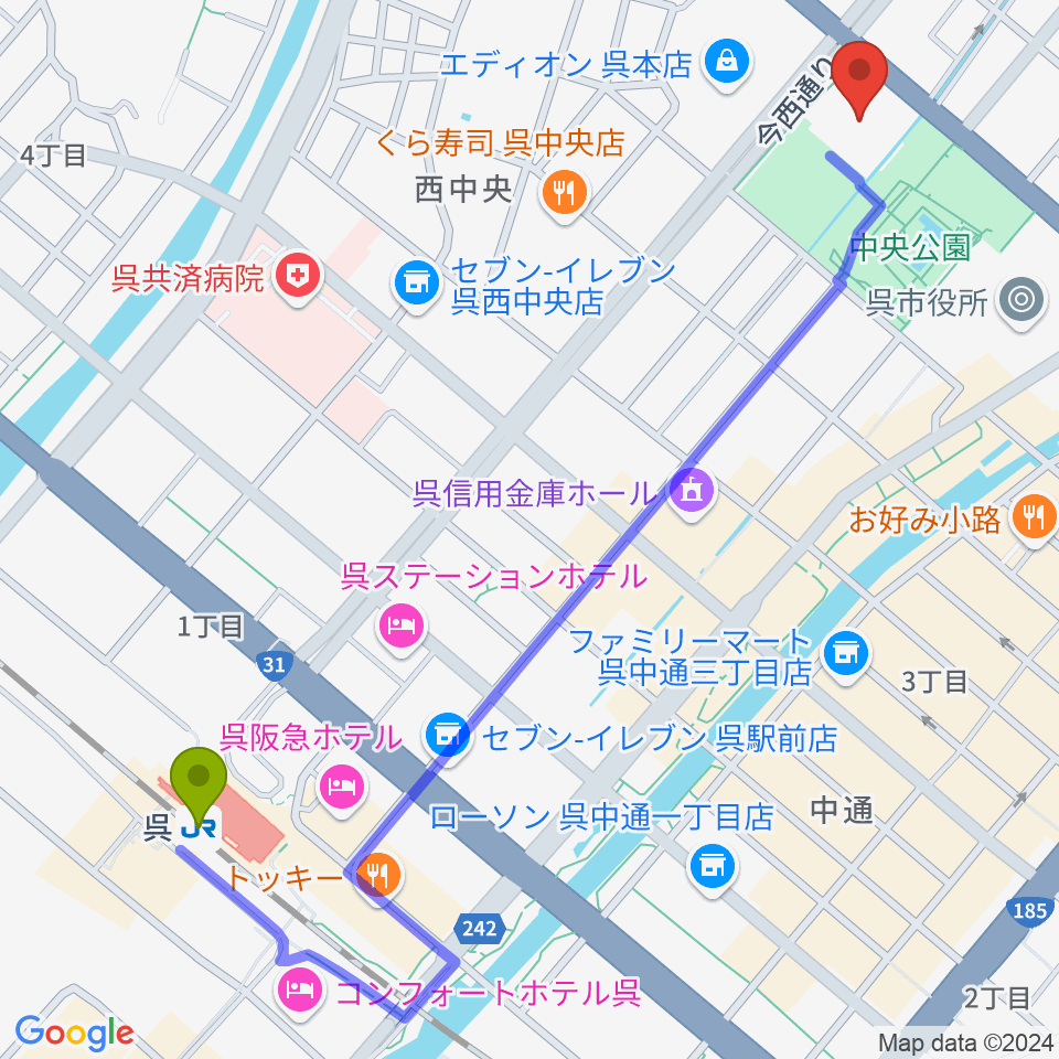 IHIアリーナ呉の最寄駅呉駅からの徒歩ルート（約14分）地図