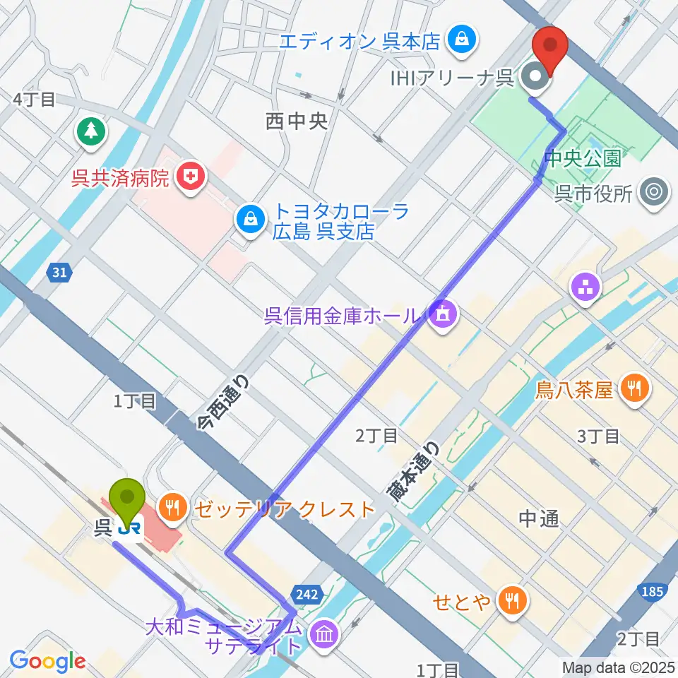 IHIアリーナ呉の最寄駅呉駅からの徒歩ルート（約14分）地図