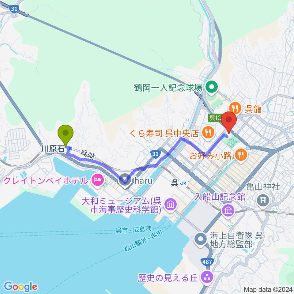 川原石駅からIHIアリーナ呉へのルートマップ地図