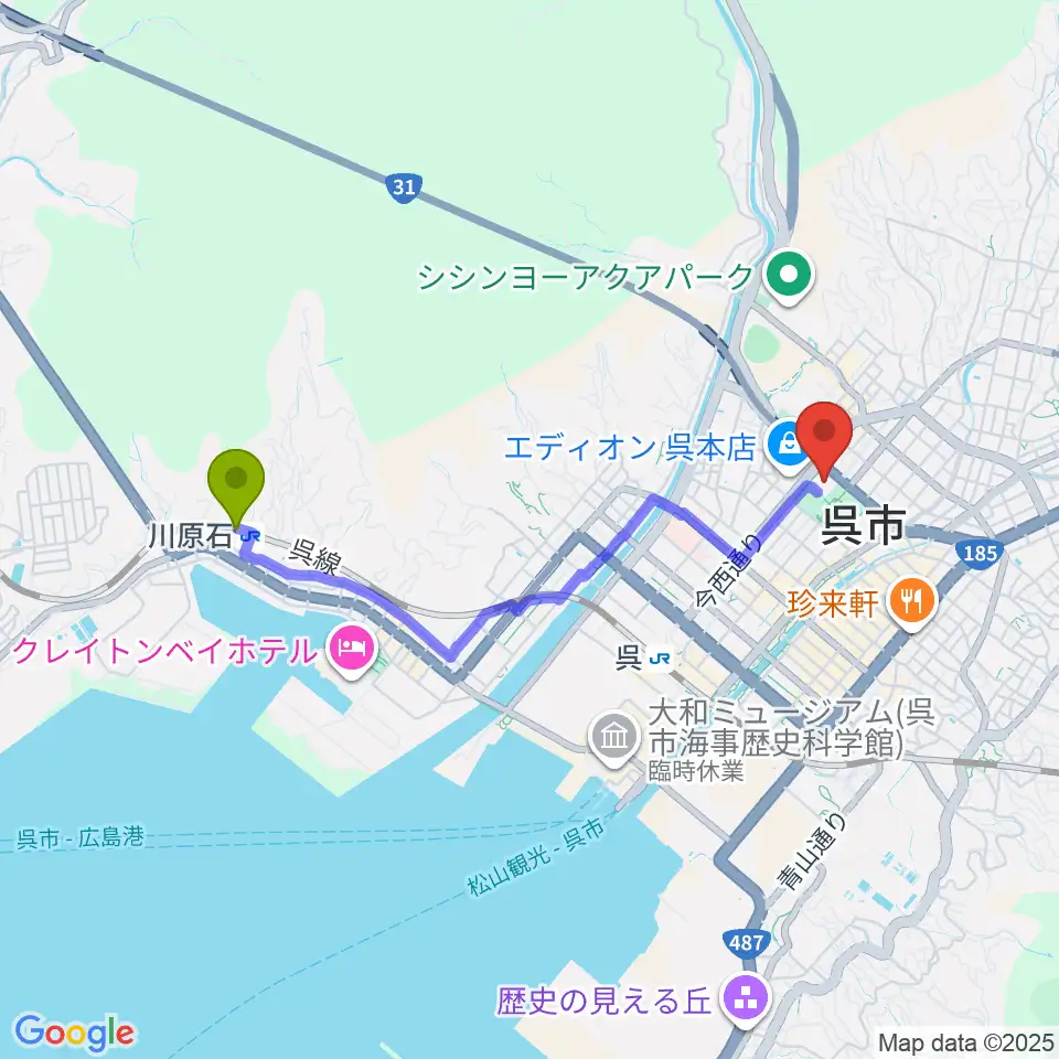 川原石駅からIHIアリーナ呉へのルートマップ地図
