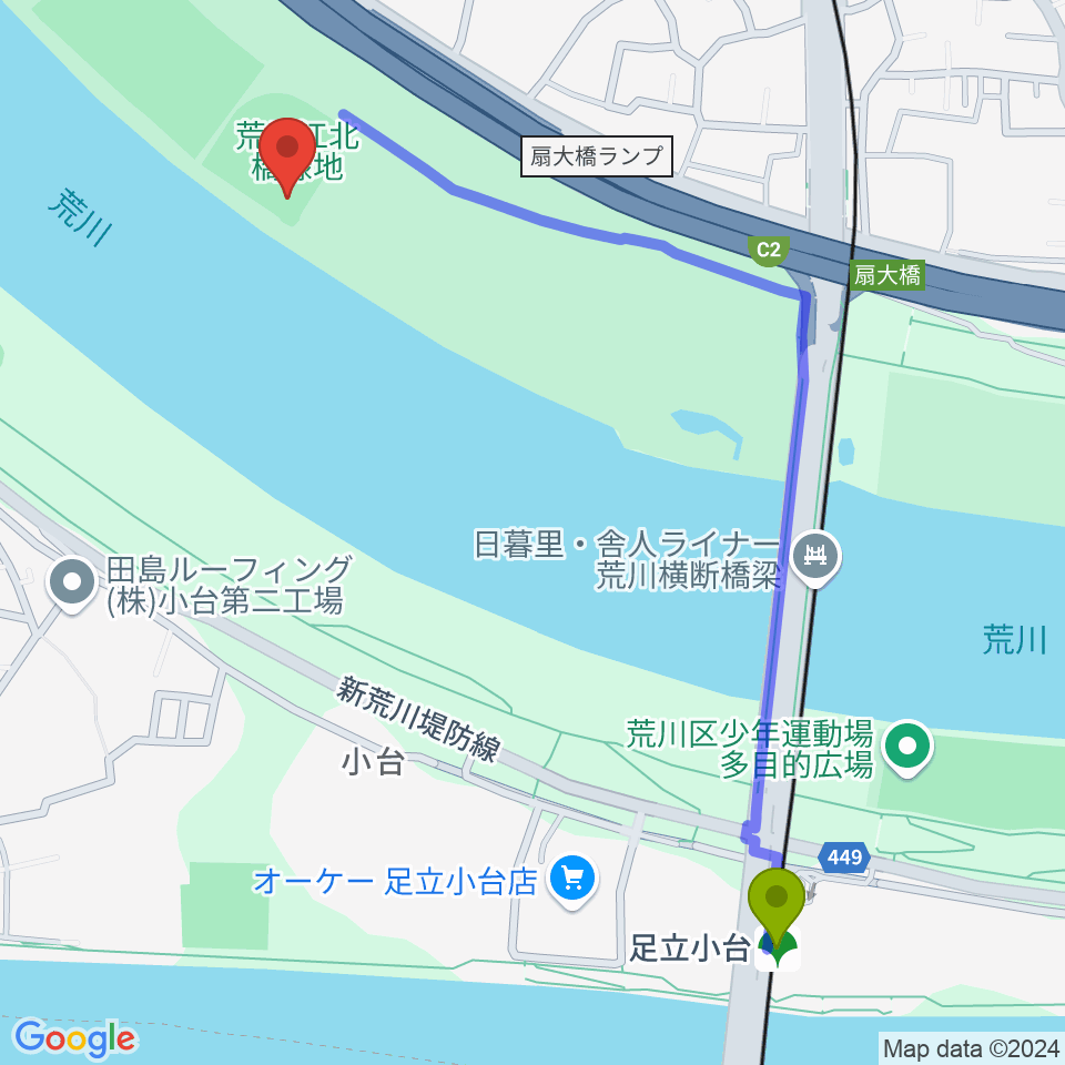 足立小台駅から扇野球場へのルートマップ地図