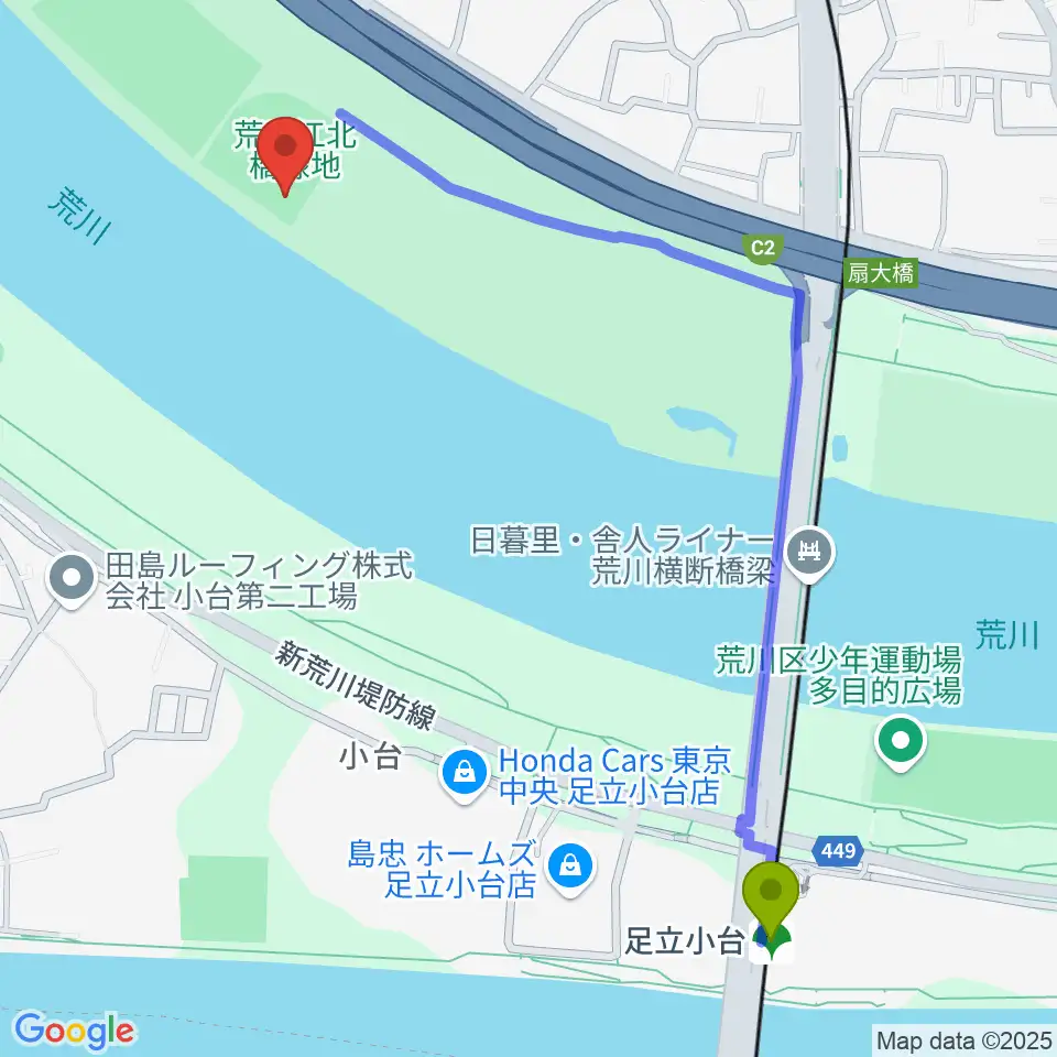 足立小台駅から扇野球場へのルートマップ地図