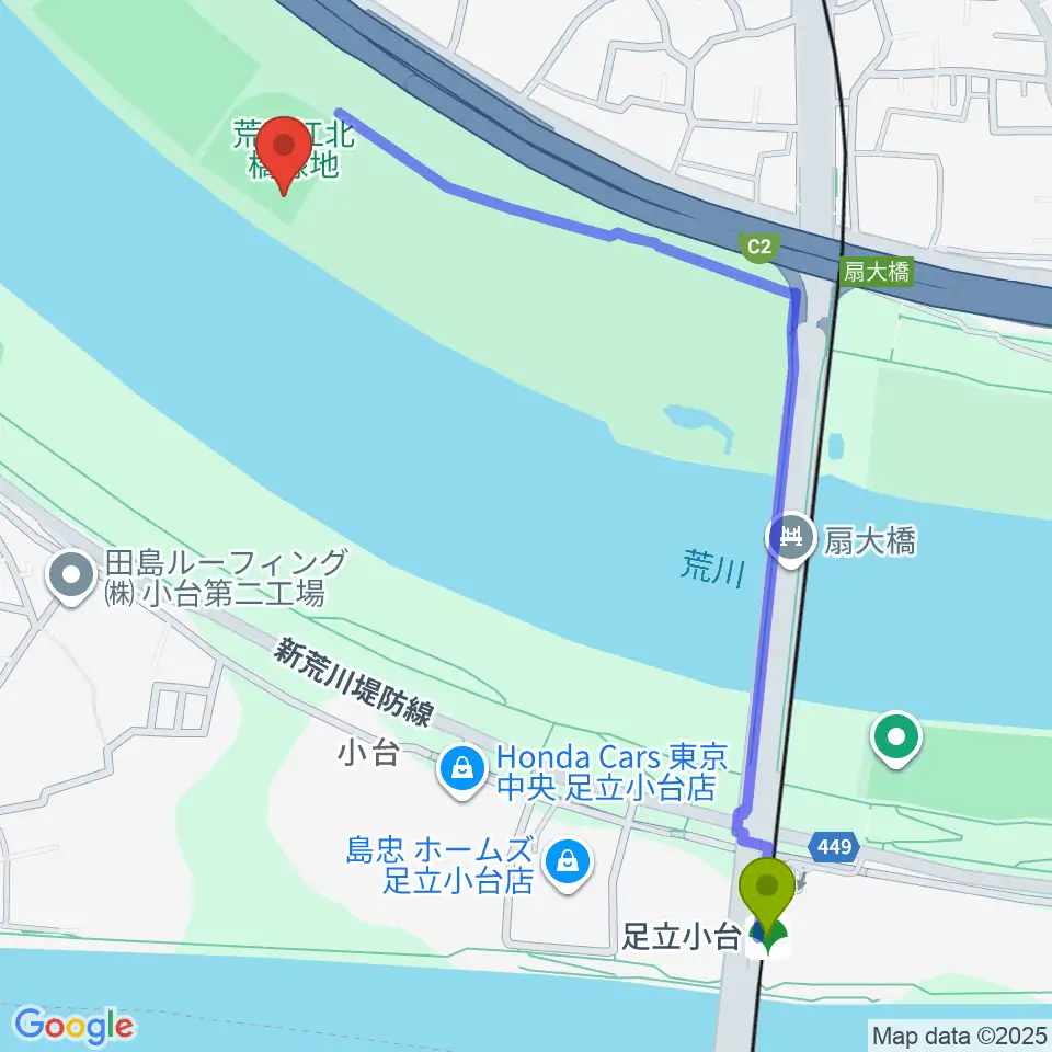 足立小台駅から扇野球場へのルートマップ地図