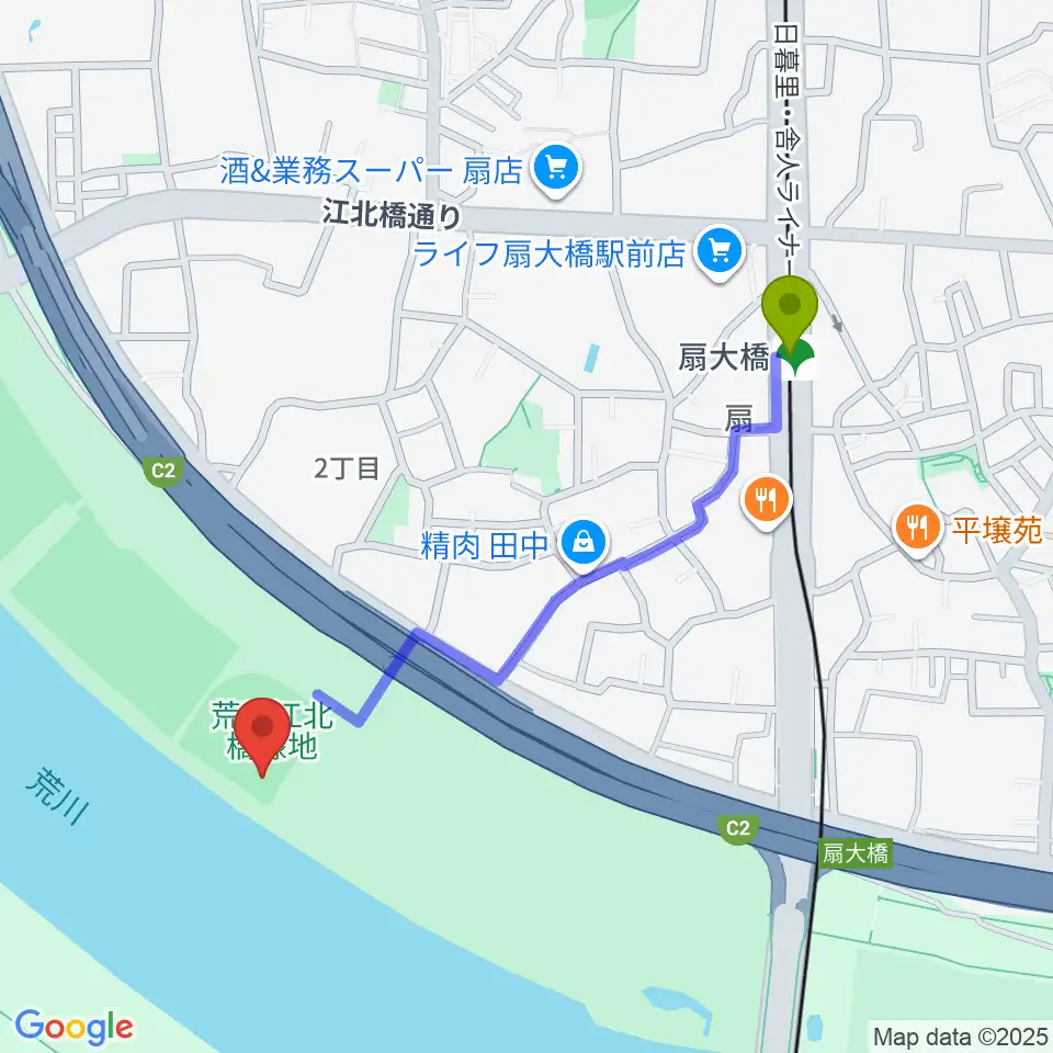 扇野球場の最寄駅扇大橋駅からの徒歩ルート（約10分）地図