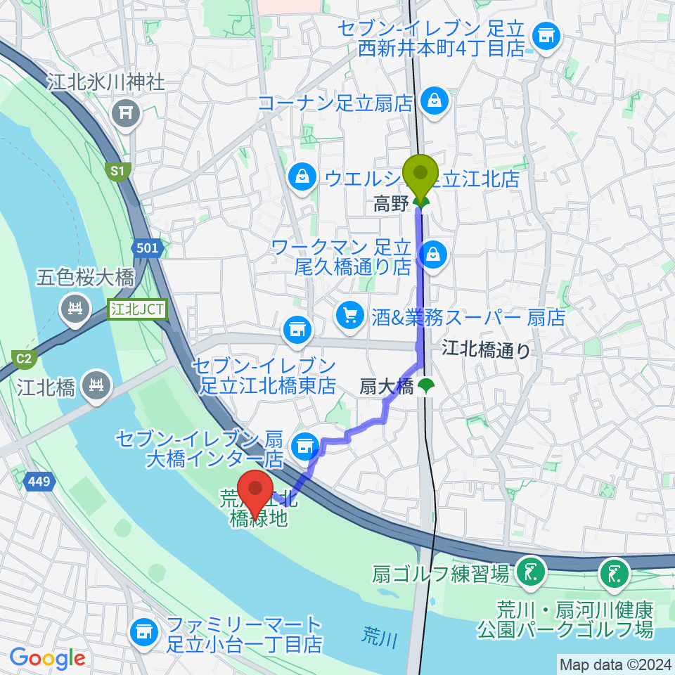 高野駅から扇野球場へのルートマップ地図