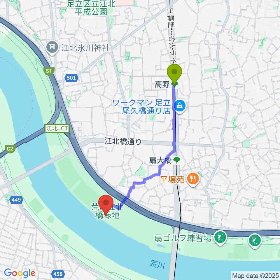 高野駅から扇野球場へのルートマップ地図