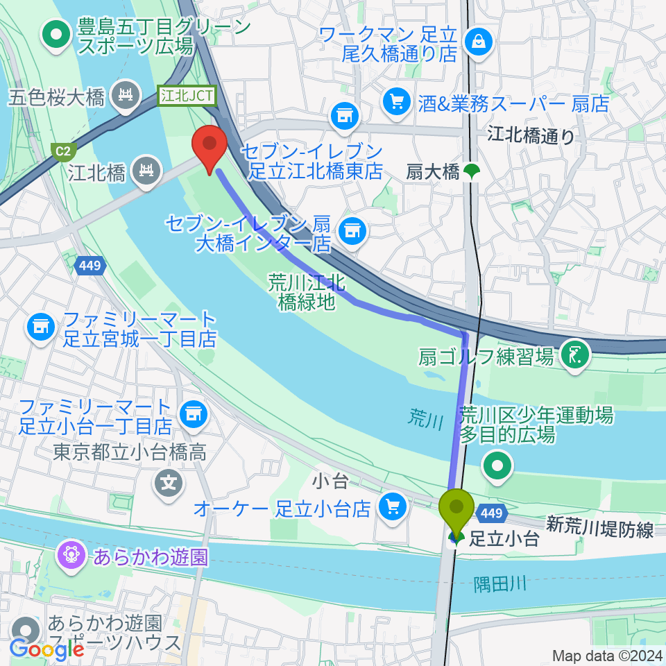 足立小台駅から江北橋緑地左岸野球場へのルートマップ地図