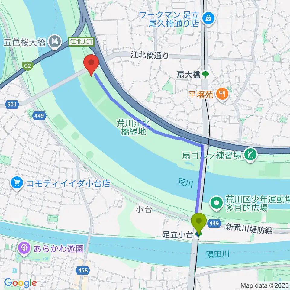足立小台駅から江北橋緑地左岸野球場へのルートマップ地図