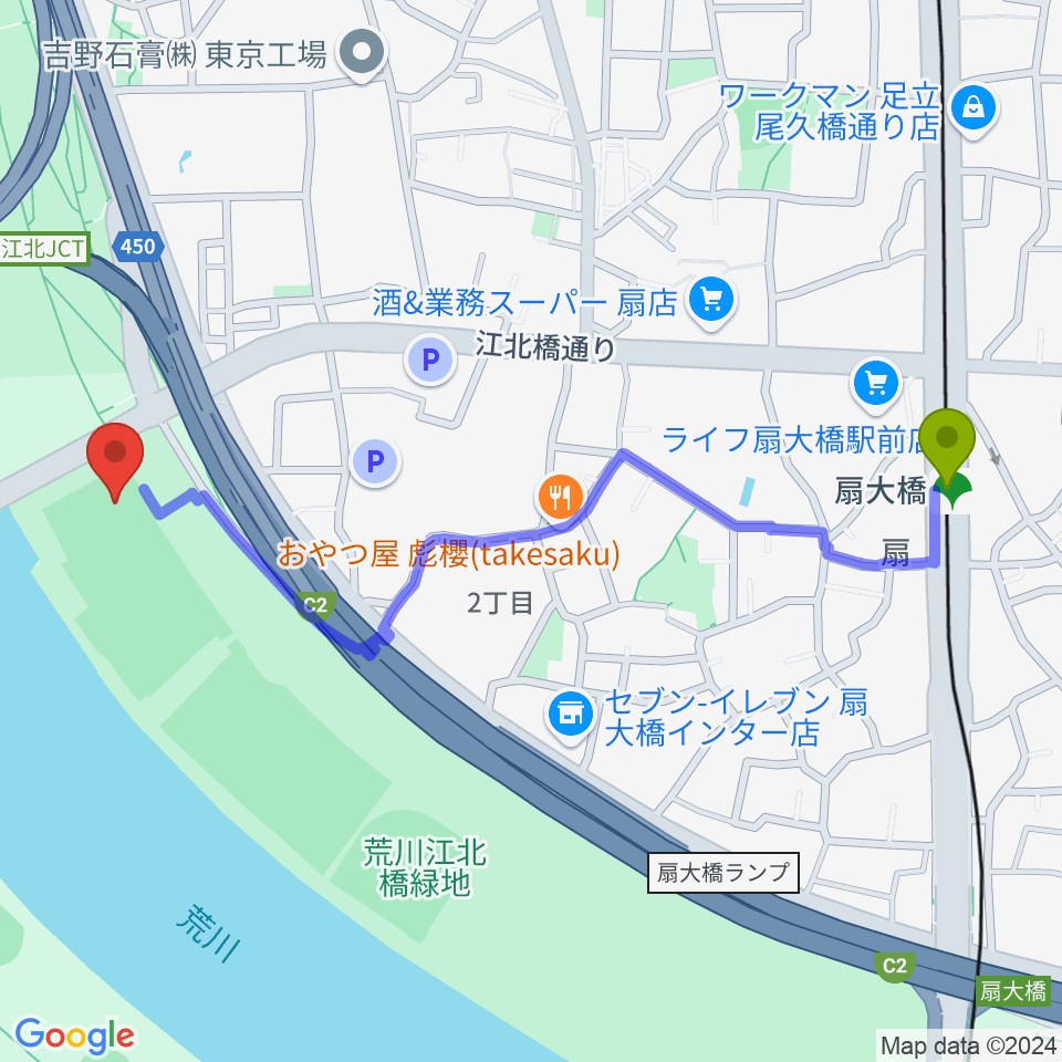 江北橋緑地左岸野球場の最寄駅扇大橋駅からの徒歩ルート（約12分）地図