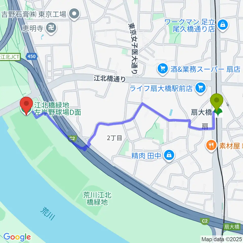 江北橋緑地左岸野球場の最寄駅扇大橋駅からの徒歩ルート（約12分）地図