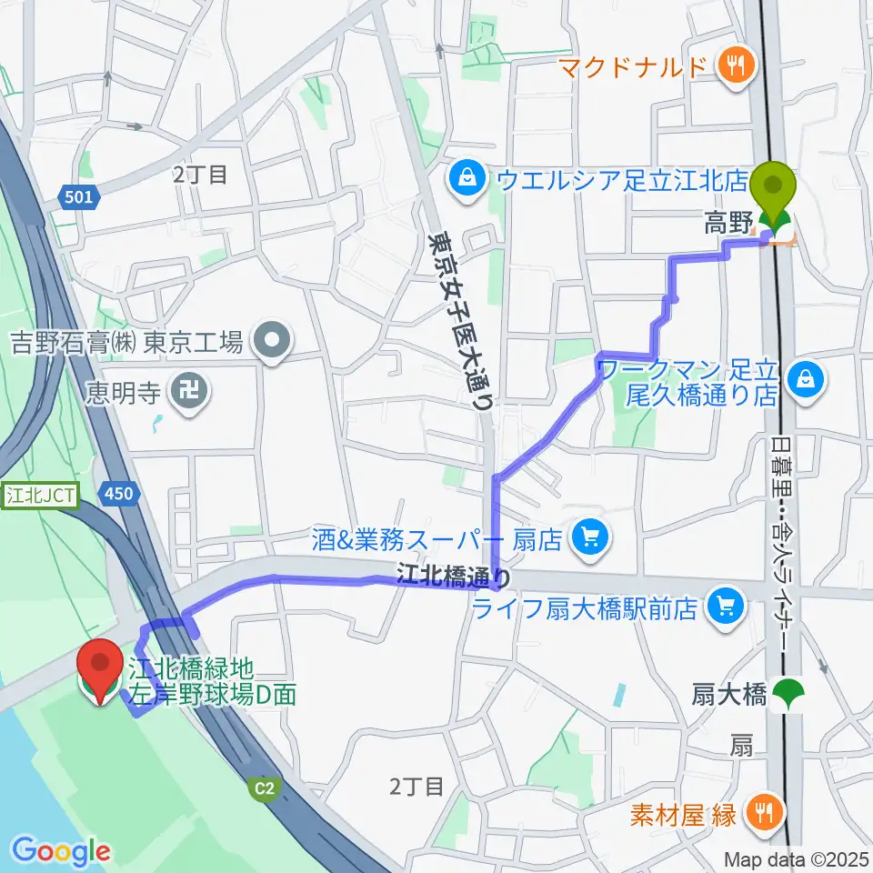 高野駅から江北橋緑地左岸野球場へのルートマップ地図