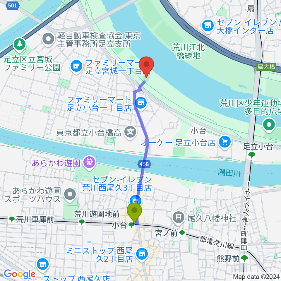 小台駅から江北橋緑地右岸野球場へのルートマップ地図