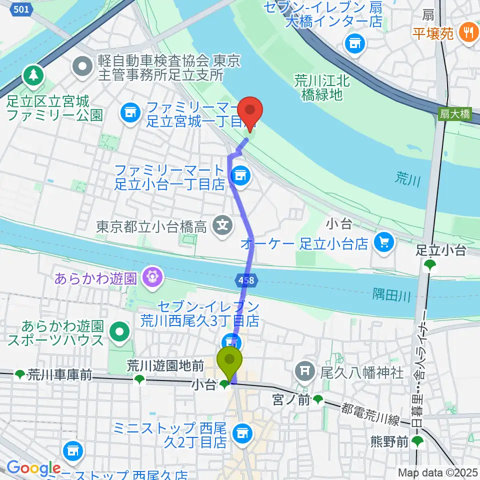 小台駅から江北橋緑地右岸野球場へのルートマップ地図