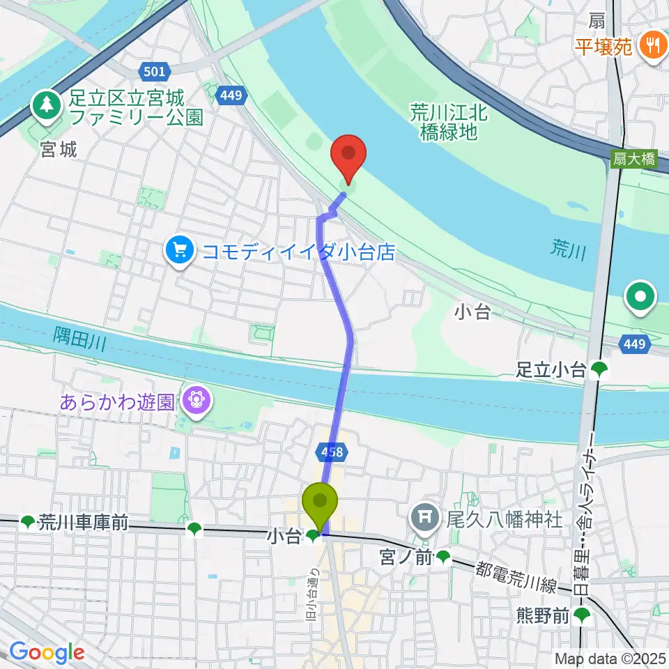 小台駅から江北橋緑地右岸野球場へのルートマップ地図