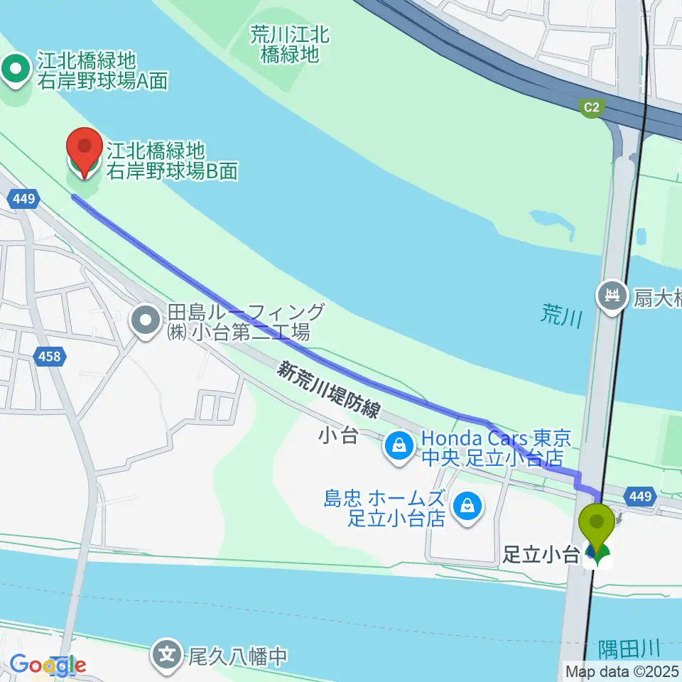 江北橋緑地右岸野球場の最寄駅足立小台駅からの徒歩ルート（約14分）地図