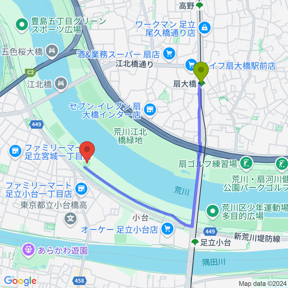 扇大橋駅から江北橋緑地右岸野球場へのルートマップ地図