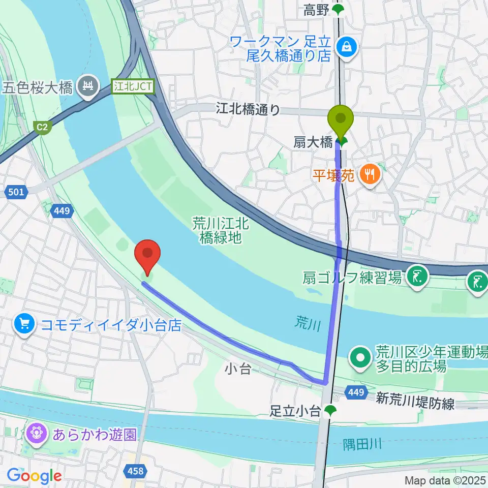 扇大橋駅から江北橋緑地右岸野球場へのルートマップ地図