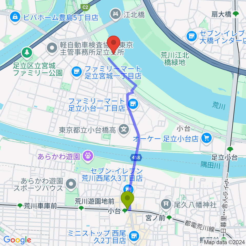小台駅から江北橋緑地右岸球技場へのルートマップ地図