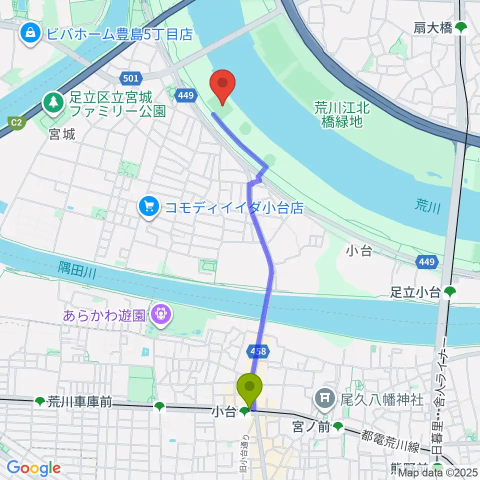 小台駅から江北橋緑地右岸球技場へのルートマップ地図