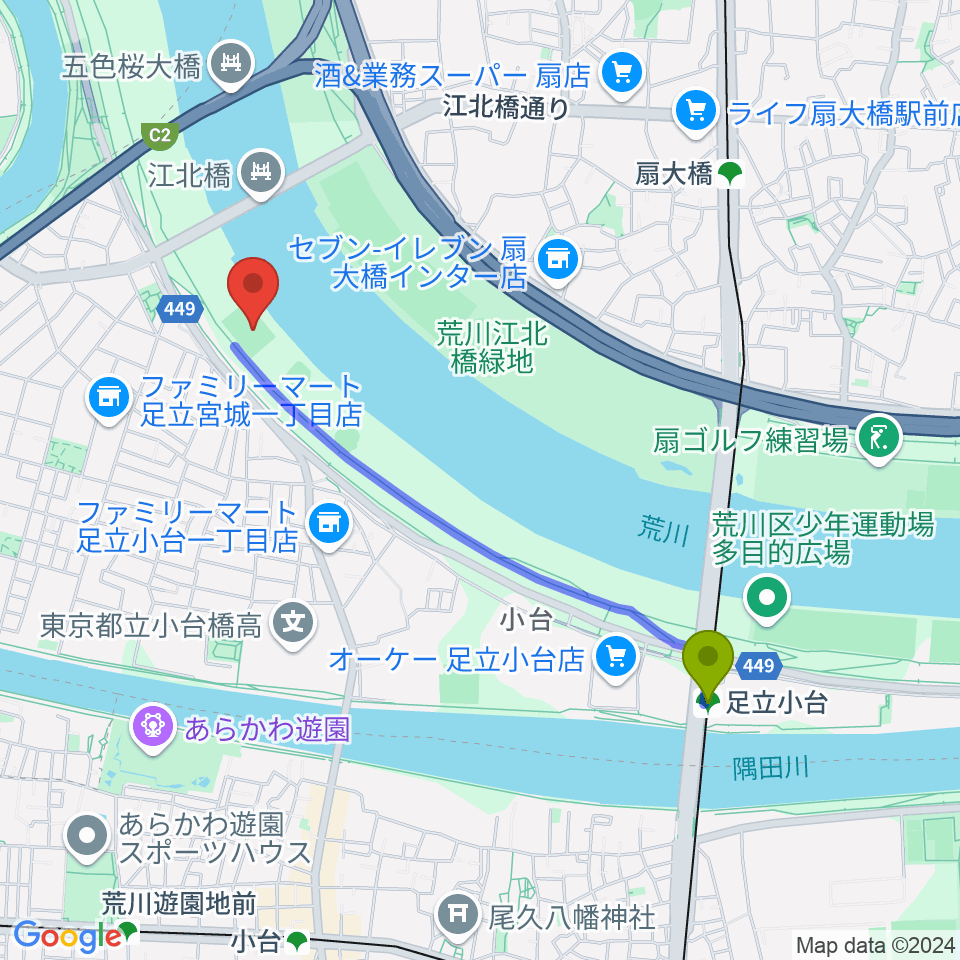 足立小台駅から江北橋緑地右岸球技場へのルートマップ地図