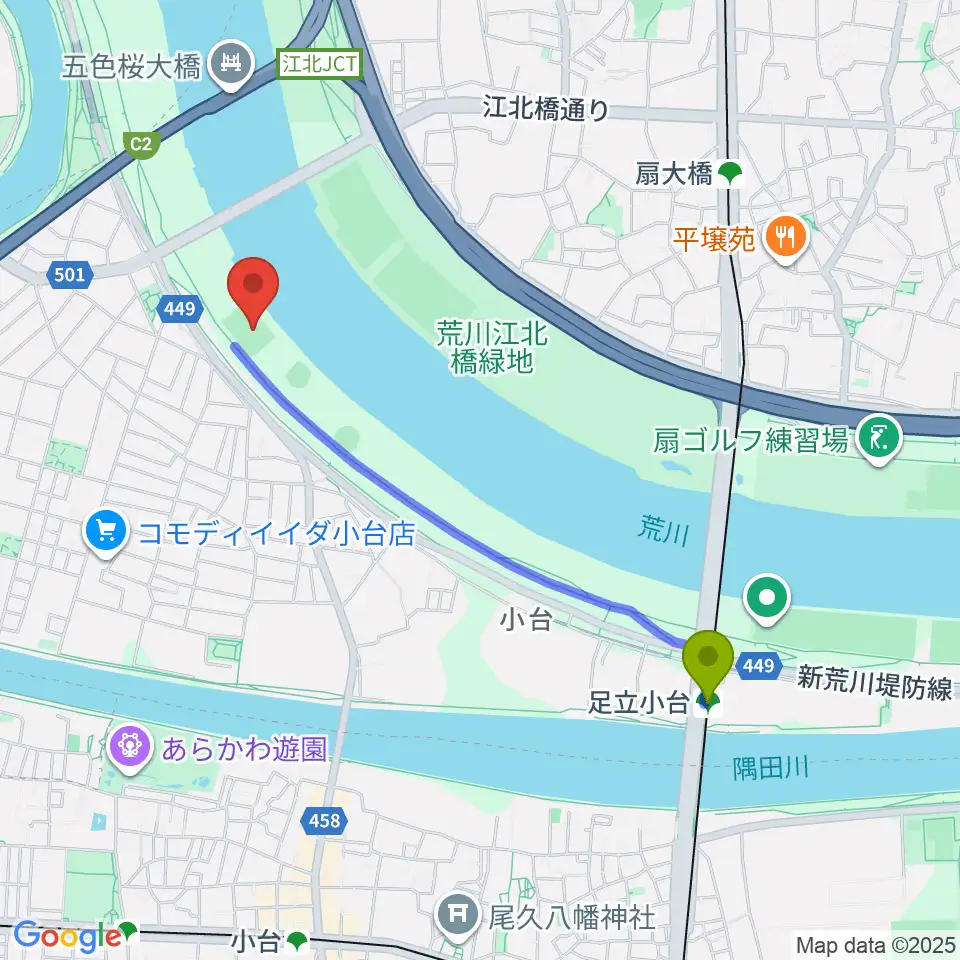 足立小台駅から江北橋緑地右岸球技場へのルートマップ地図