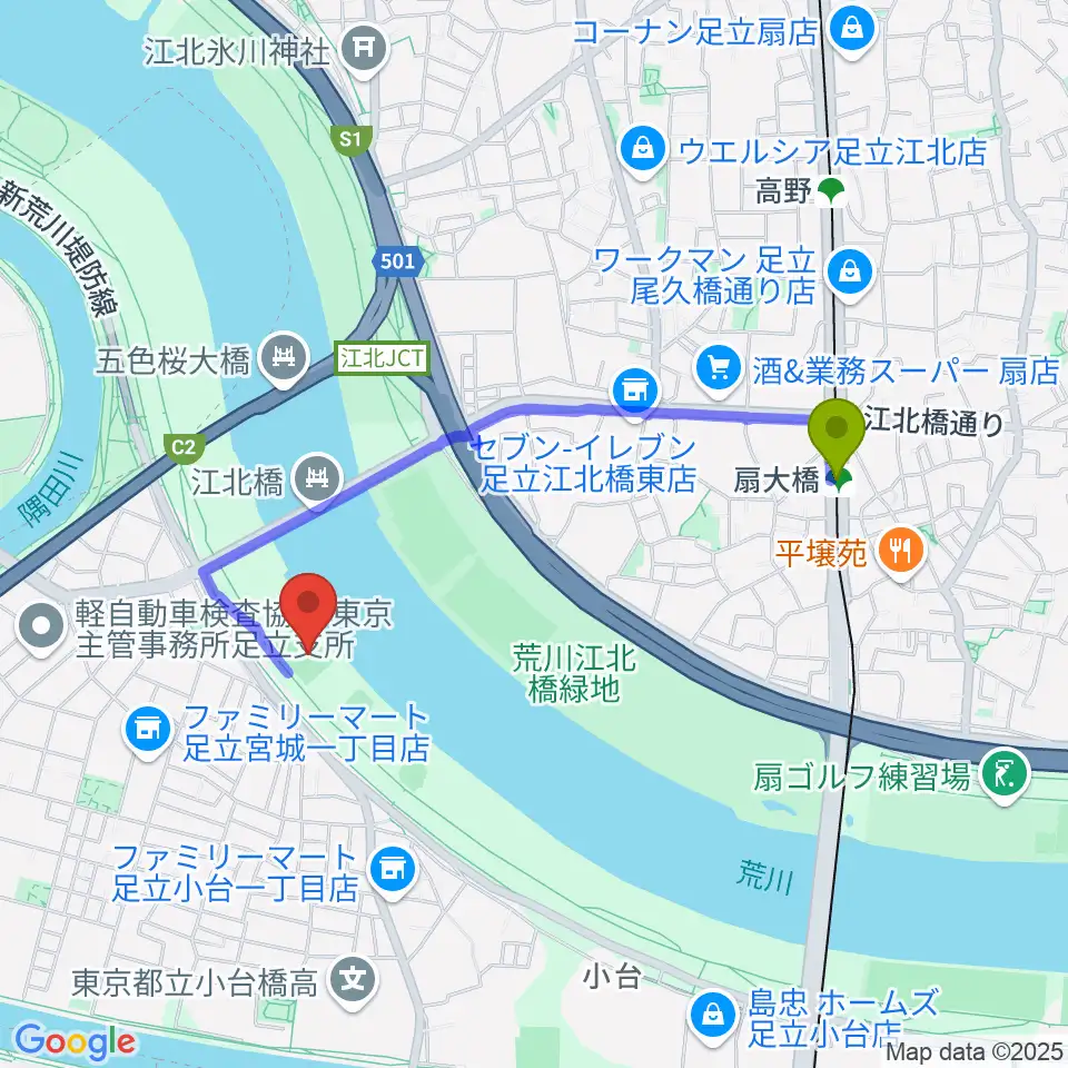 江北橋緑地右岸球技場の最寄駅扇大橋駅からの徒歩ルート（約16分）地図